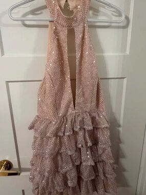 Hello Molly Sequin Ruffle Halter Dress - Blush Pink